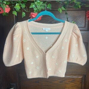 For Love and Lemons Peach short puff sleeve cardigan with daisy embroidery